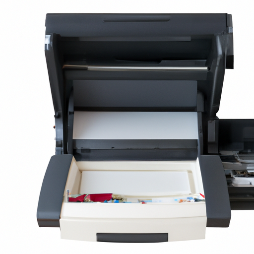 Een beschermende opbergcase open met daarin de draagbare fotoprinter gepositioneerd