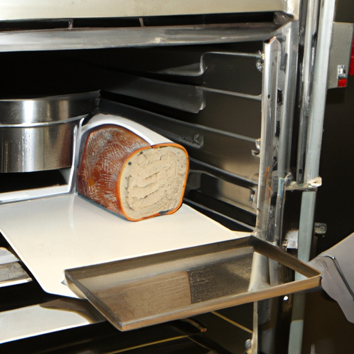 Een broodbakmachine met geopend deksel waaruit een groot brood wordt gehaald