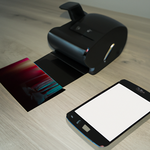 Een compacte draagbare fotoprinter naast een smartphone op een tafel