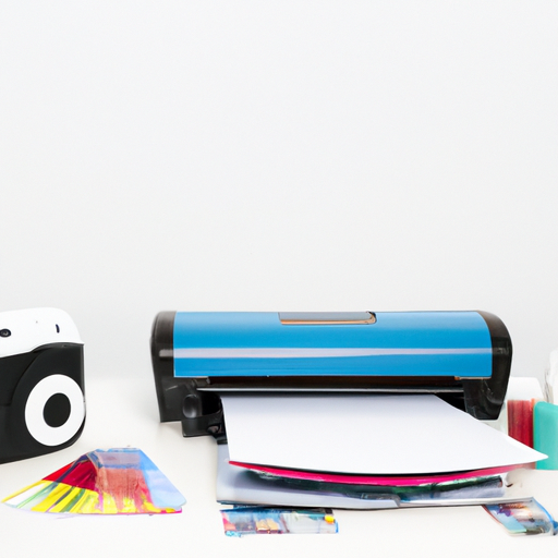 Een draagbare fotoprinter naast verschillende soorten fotopapier en creatieve knutselmaterialen op een witte achtergrond