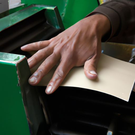 Een hand die olie aanbrengt op de messen van een papierversnipperaar via de papierinvoer
