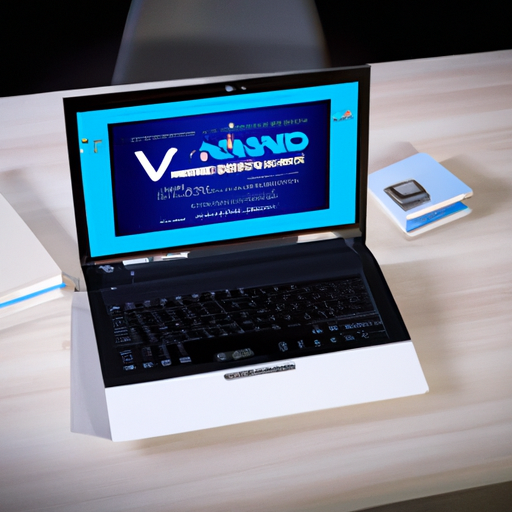 Een slanke laptop op een bureau met een videosoftware programma open op het scherm