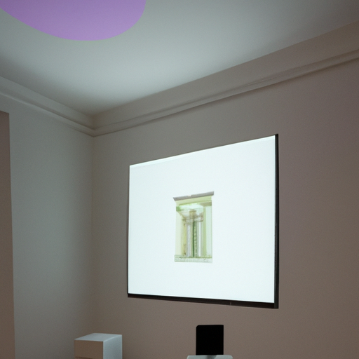 Een woonkamer opstelling waarin de beamer een groot beeld projecteert op korte afstand van een witte muur