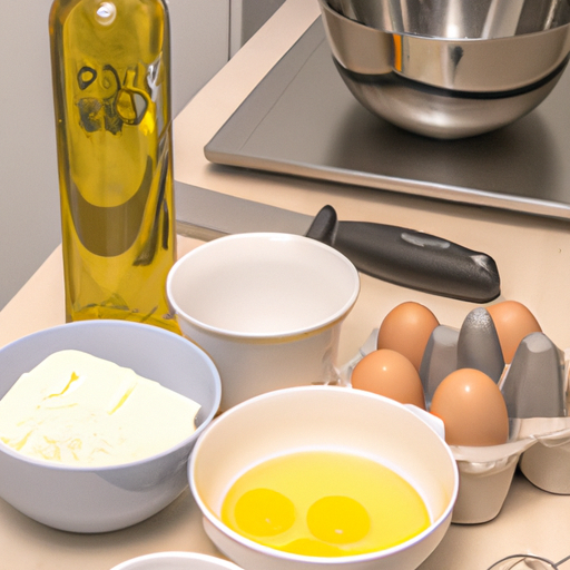 Verschillende ingrediënten zoals melk bloem eieren op een tafel klaar om in de broodbakmachine gebruikt te worden